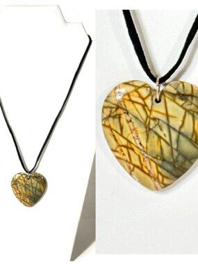 Large heart shaped Picasso jasper pendant with black cord necklace